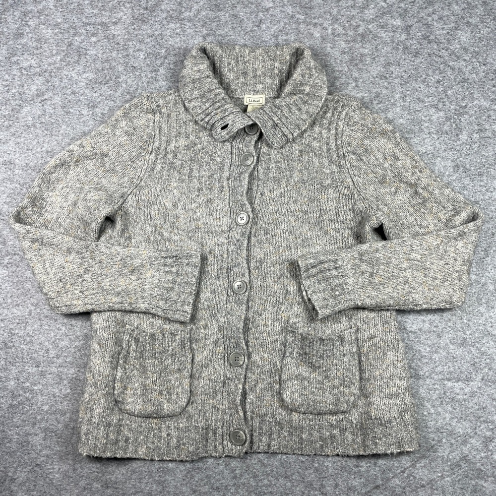 LL Bean Cardigan Sweater Womens 1X Gray Wool Blend Shawl Collar Button Up Jacket